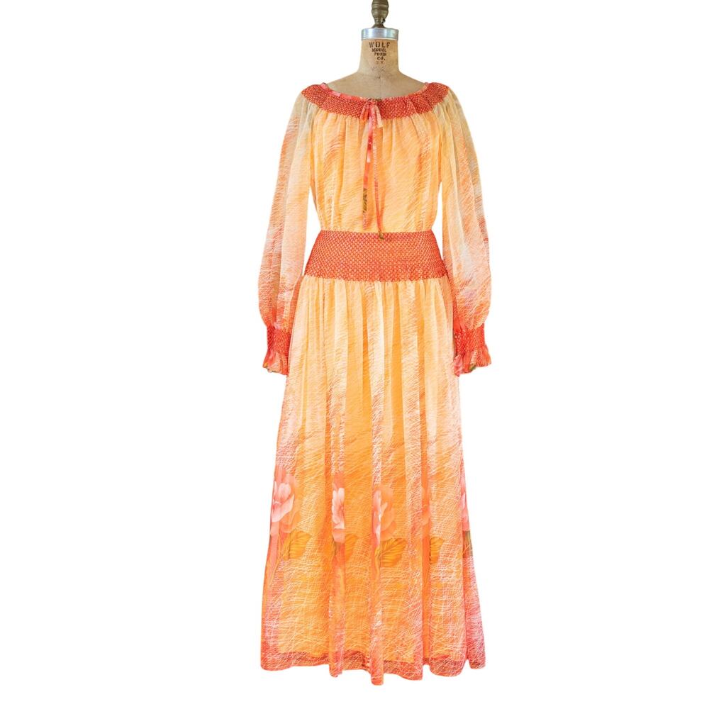 Vintage 70s Maxi Dress, Orange Chiffon Tropical Floral Hippie, Boho Festival M L